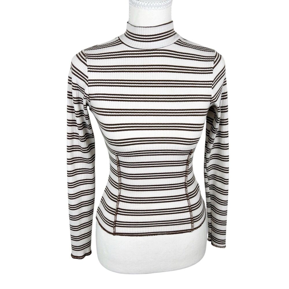 Gilded Intent Sweater Women Small White Brown Striped Pullover Turtleneck Casual